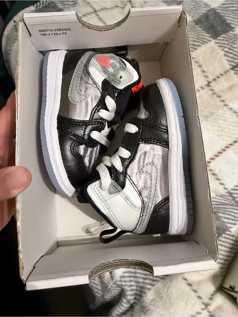 Jordan Kids' Black, White and Silver High-Top Sneaker with Red Accent